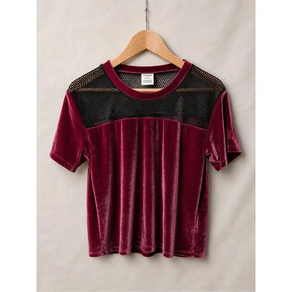 Victoria’s Secret PINK Velvet Mesh Yoke Short Sleeve Tee Burgundy Women’s S